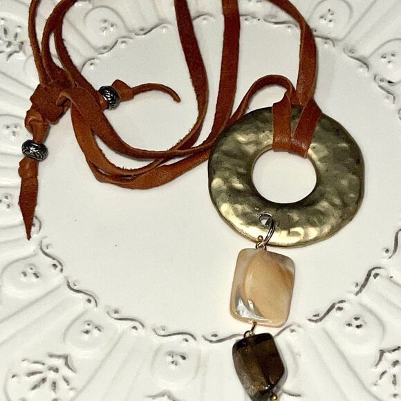 HANDCRAFTED Disc, Mother of Pearl, Smokey Topaz Necklace - Picture 2 of 12
